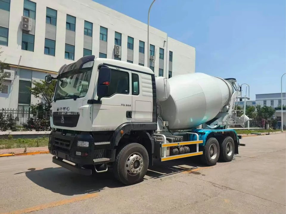 Concrete mixer truck, front three-quarter view