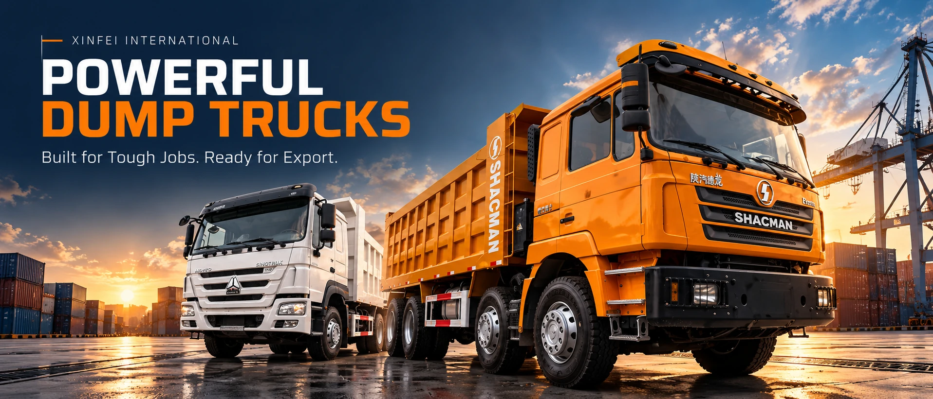 POWERFUL DUMP TRUCKS. Built for Tough Jobs. Ready for Export. XINFEI INTERNATIONAL banner featuring HOWO and SHACMAN dump trucks.